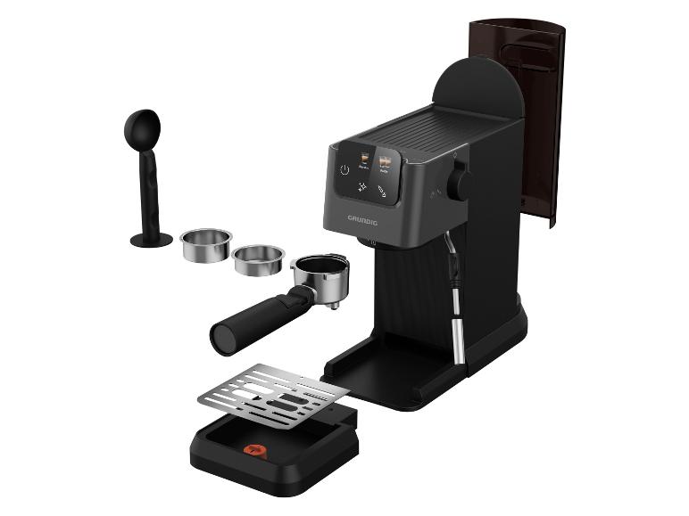 Espressomaschine mit Siebträger, zwei Filterkörben, Messlöffel und Abtropfschale.