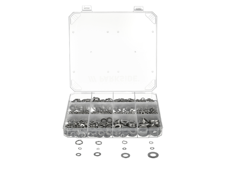 Transparente Aufbewahrungsbox mit PARKSIDE Metallunterlegscheiben-Sortiment.