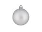 Eine einzelne matt silberne Weihnachtskugel mit Metallaufhänger.