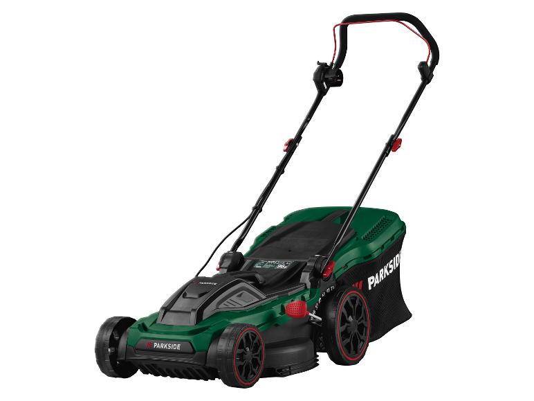 PARKSIDE Rasenmäher in Grün und Schwarz mit roten Akzenten.