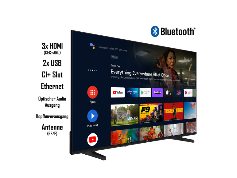 Ein Smart TV mit 3 HDMI-Anschlüssen, 2 USB-Anschlüssen und Bluetooth-Konnektivität.