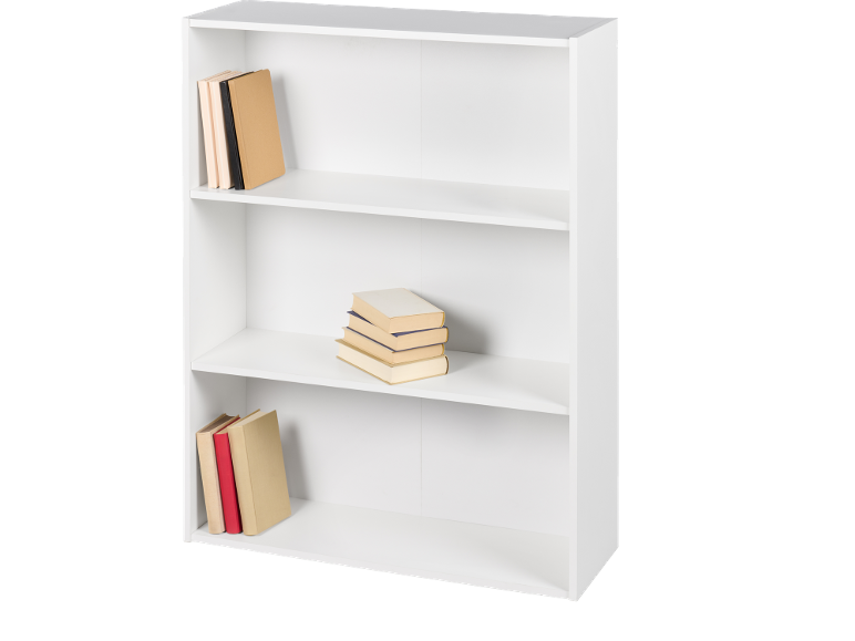 Weißes Bücherregal mit drei Regalböden, mit Büchern auf jedem Regalboden.