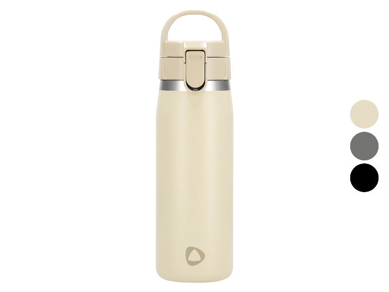 Beige Thermosflasche mit Druckknopfdeckel und Griff, mit grauen und schwarzen Farboptionen.