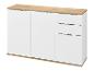 Weißes Sideboard mit drei Türen und drei Schubladen, mit Holzoptik-Platte und -Sockel.