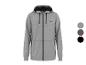 Grauer Herren-Kapuzenpullover mit Reißverschluss, schwarzen Details und Farbmustern.