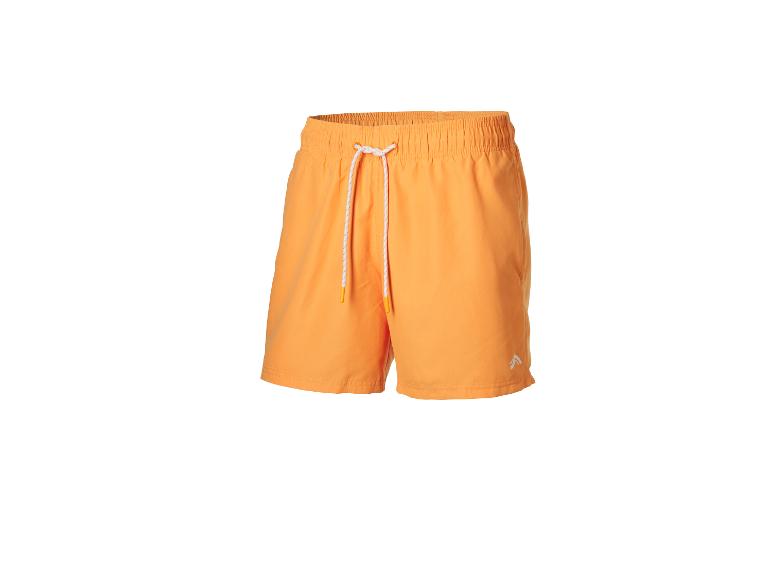 Orange Badeshorts mit weißem Kordelzug.