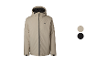 Beige Herrenjacke mit Kapuze und schwarzem Reißverschluss, mit zwei Farbvarianten.