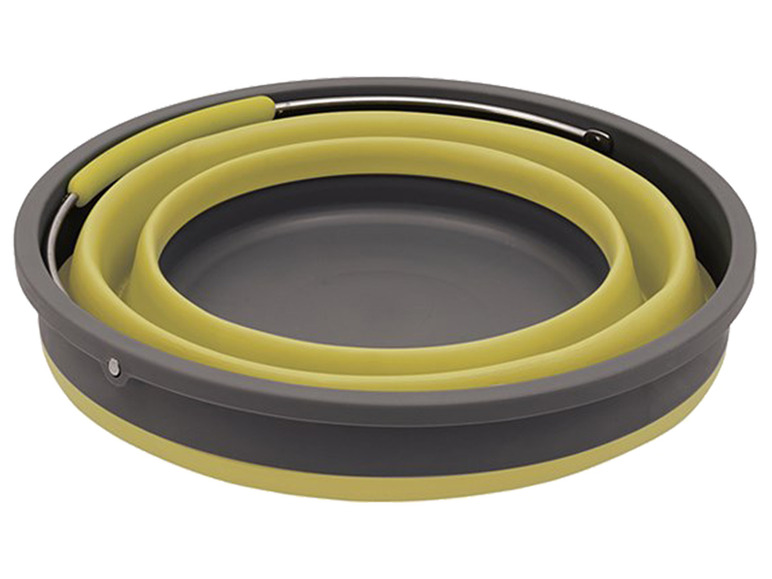 Ein zusammenklappbarer, grauer und gelber Eimer mit einem Metallgriff.