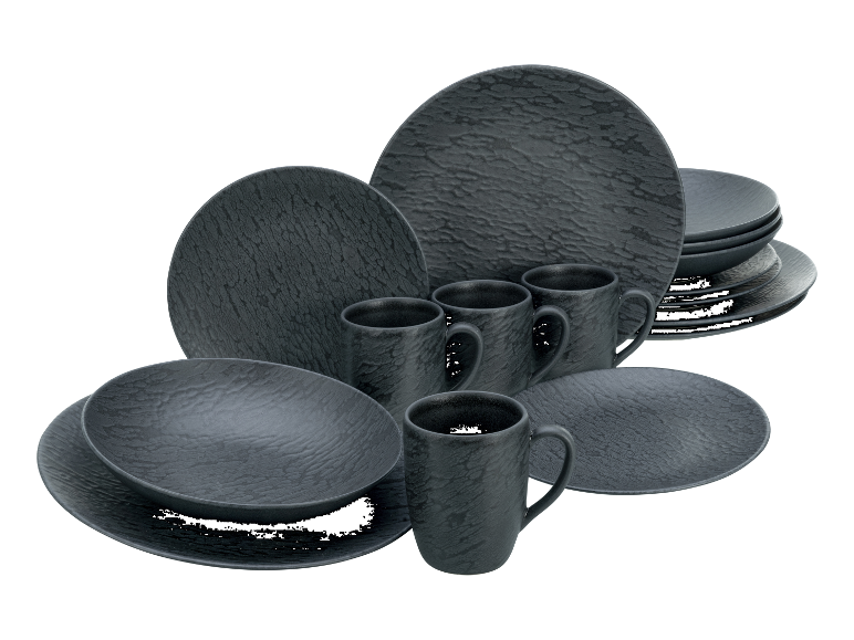 Geschirr und Tassen in schwarzer, texturierter Optik.