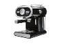 Schwarze Espressomaschine mit Chromdetails und Manometer.