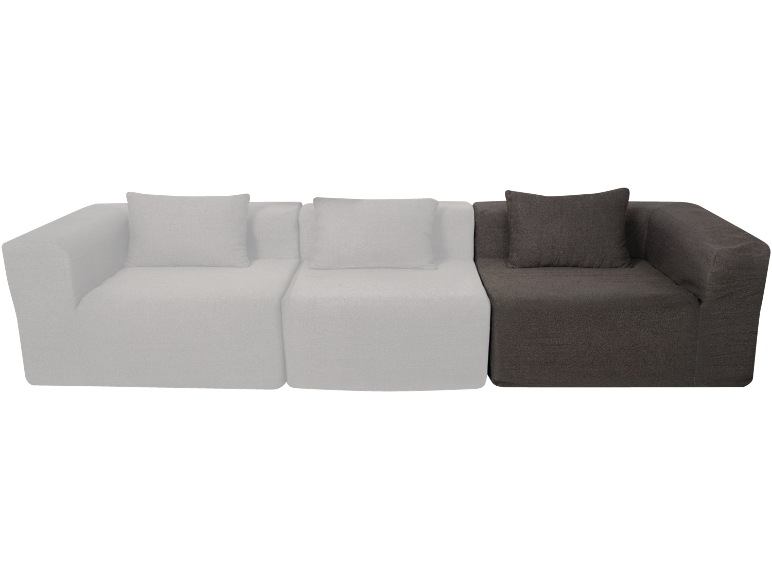 Modulares Sofa mit zwei hellgrauen und einem dunkelgrauen Abschnitt, jeweils mit Kissen.