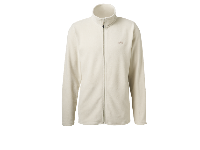 Beige Fleecejacke mit Reißverschluss und Stehkragen.
