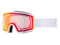 Skibrille mit irisierender orange-roter Scheibe und weißem Band.