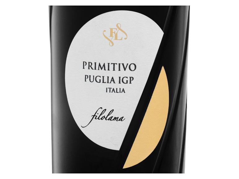 Weinflasche mit einem weißen Etikett, auf dem „PRIMITIVO PUGLIA IGP ITALIA filolama“ steht.