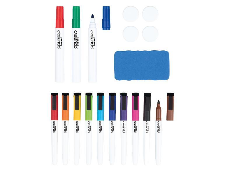 Crelando Whiteboardmarker, Schwamm und Reinigungspads.