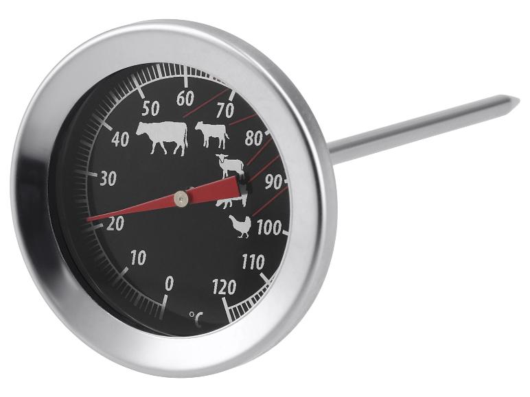 Fleischthermometer mit Temperaturanzeige und Symbolen für Rind, Lamm und Huhn.
