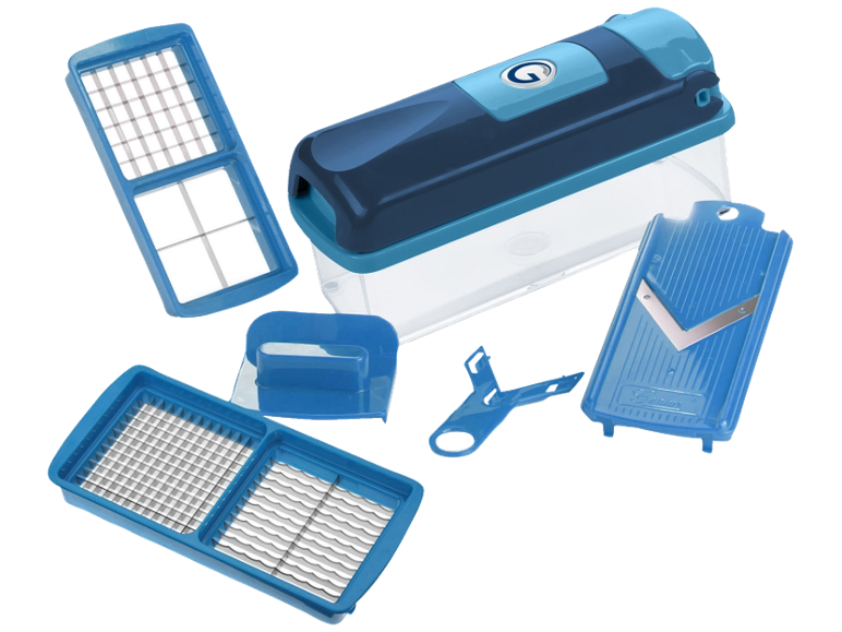 Blaues Küchenhelfer-Set, bestehend aus einem Zerkleinerer, einer Mandoline und austauschbaren Klingen.