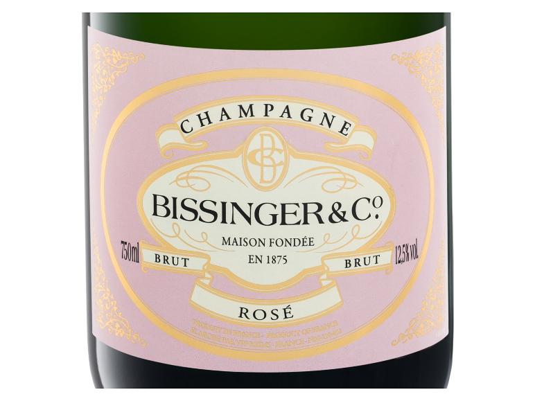 Bissinger & Co. Rosé-Champagnerflasche mit rosa und goldenem Etikett.