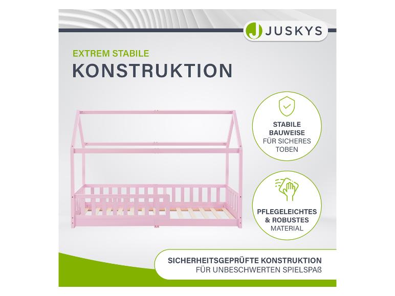 Rosa Kinderbett mit Hausrahmen, das stabile Konstruktion und robustes Material hervorhebt.