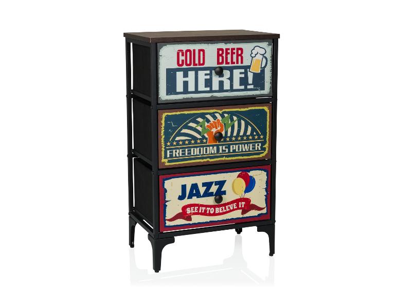 Kommode mit 3 Schubladen und Retro-Schildern: „COLD BEER HERE!“, „FREEDOM IS POWER“ und „JAZZ“.