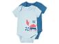 Baby-Bodys: hellblau mit Krabbenmotiv, einfarbig dunkelblau.