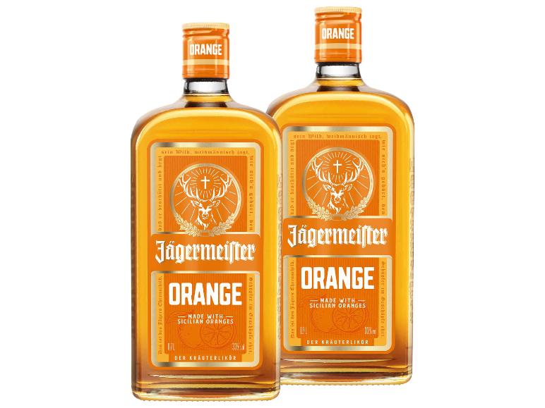 Zwei Flaschen Jägermeister Orange Kräuterlikör mit 33% Alkoholgehalt.