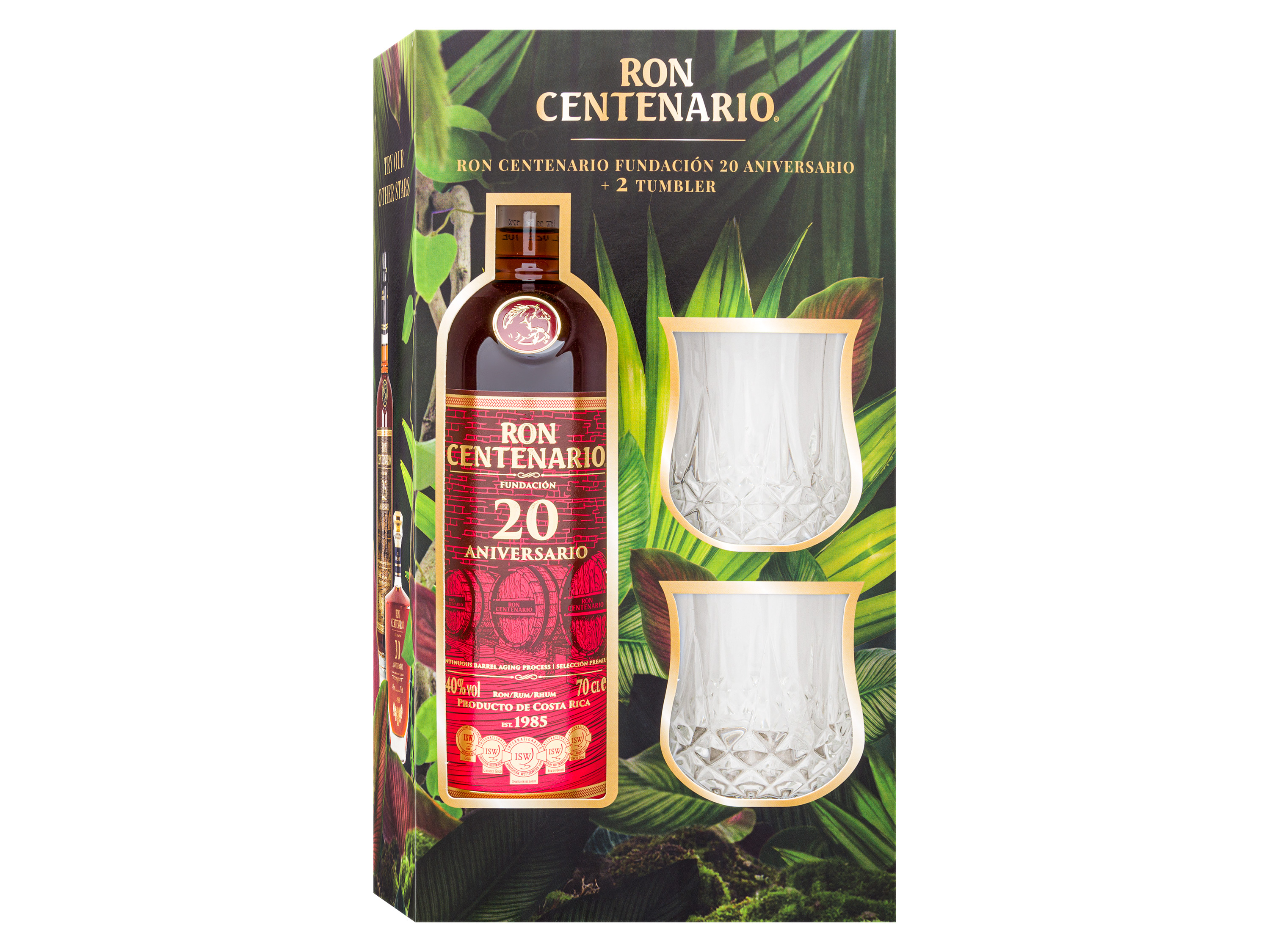 RON CENTENARIO Fundación Rum 20 Jahre + 2 Tumbler, 40% Vol – Bild 2 von 4
