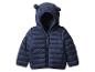 Blaue Daunenjacke für Babys mit Kapuze.