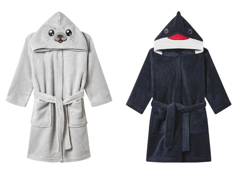Zwei Kinderbademäntel: ein grauer Seehund und ein dunkelblauer Orca.
