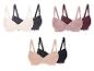 Drei BH-Paare in verschiedenen Farben: Beige und Dunkelgrau, Rosa und Bordeaux, Nude und Schwarz.