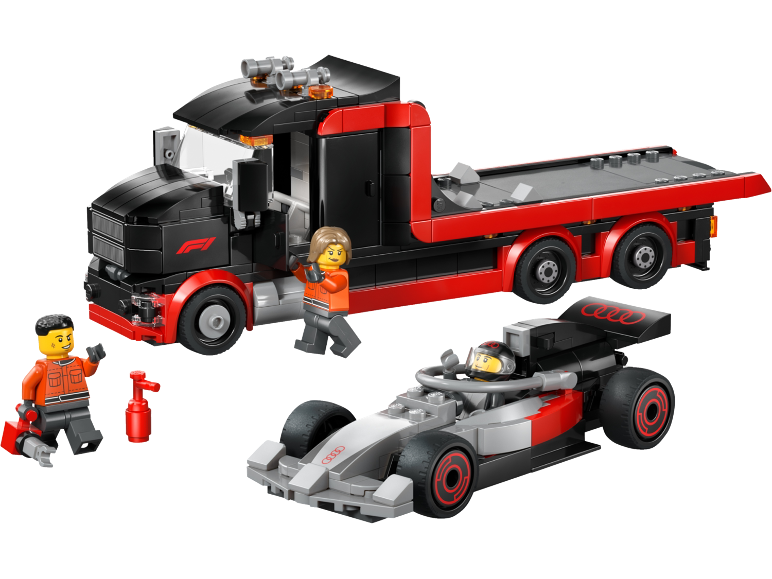 Spielzeug-LKW und Rennwagen mit zwei Minifiguren, eine hält einen Schraubenschlüssel.