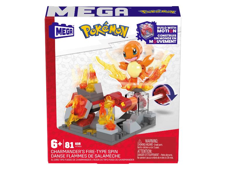 Mega Bloks Pokémon Set mit Charmander, der sich auf einer Feuerbasis dreht.