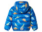 Eine blaue Kinderwinterjacke mit Dinosaurier-Muster.
