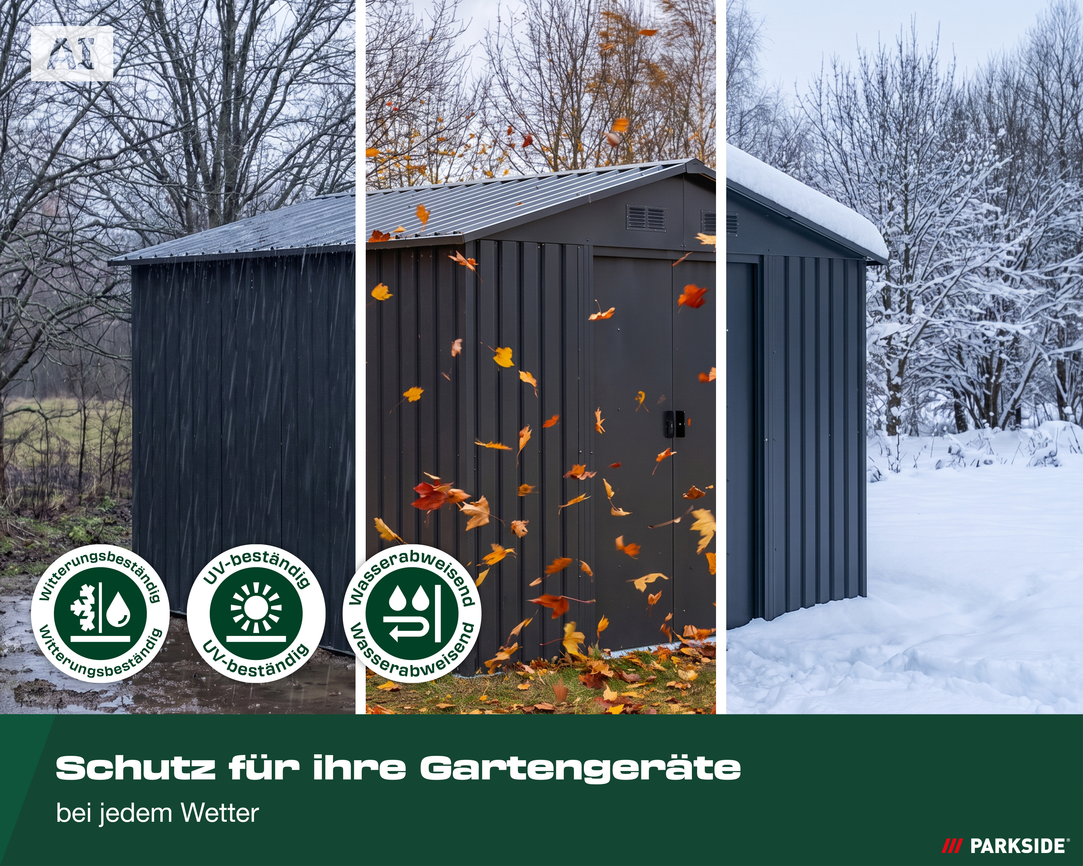 AI-generiert: Dreigeteilte Darstellung des Gerätehauses im Frühling, Herbst mit fallenden Blättern und im verschneiten Winter.