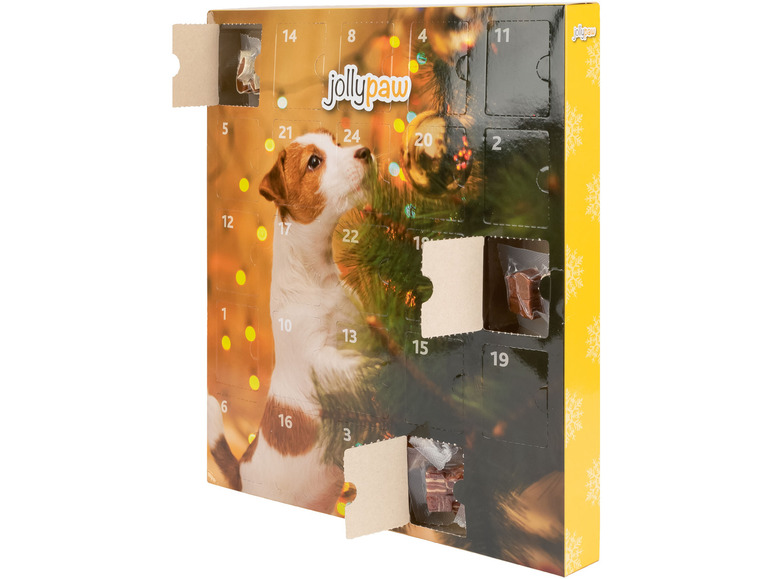 Ein Jollypaw Adventskalender mit Leckerlis für Hunde hinter den Türchen.