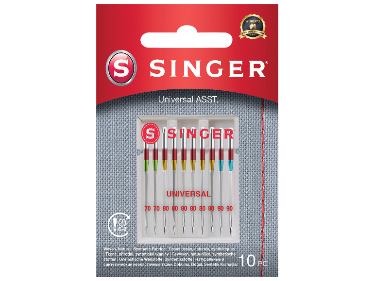 Universal-Nähmaschinennadeln für verschiedene Stoffe, 10er-Pack.