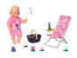 BABY born Puppe mit Angelrute, Korb, Liegestuhl und Spielzeugenten.