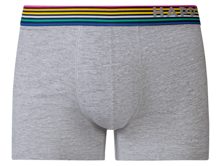 Graue Boxershorts mit farbigem Band und 'Happy' Logo.
