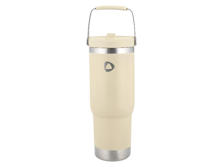 Beige Thermoskanne mit Henkel und silbernem Boden, mit dunklem Dreieckslogo