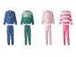 Kinder-Trainingsanzüge mit Sweatshirts und Hosen, in Blau, Grün und Rosa.