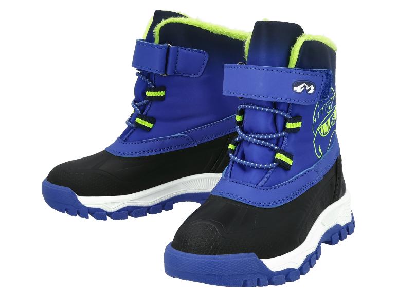 Blaue und schwarze Kinder-Winterstiefel mit neongrünen Details.