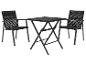 Schwarzes Outdoor-Bistro-Set mit zwei Stühlen und einem Klapptisch.