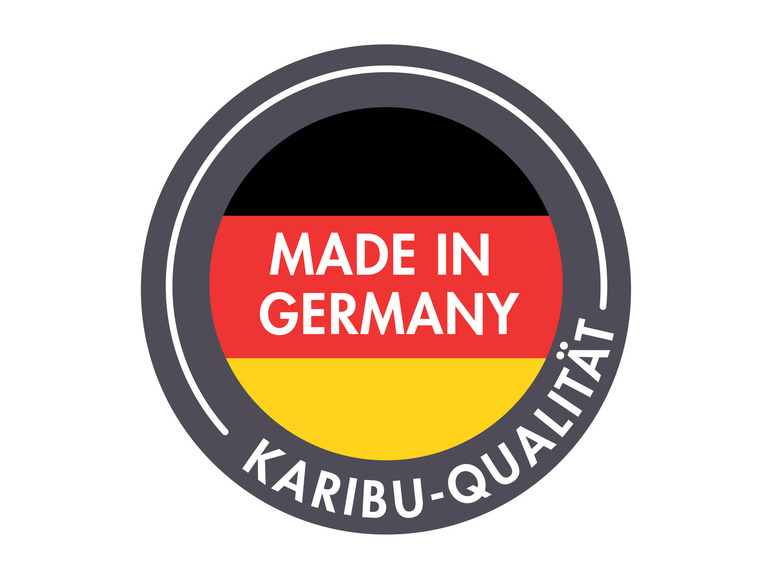 Ein rundes Logo mit der deutschen Flagge, dem Text 'Made in Germany' und 'Karibu-Qualität'.