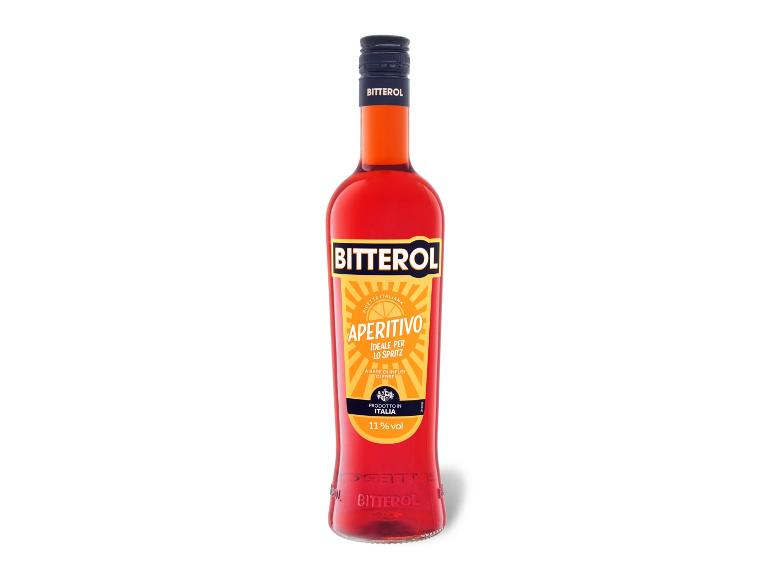 Rote Aperitifflasche mit der Aufschrift „APERITIVO IDEALE PER LO SPRITZ“ und 11% vol.