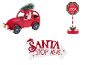 Weihnachtsdekoration: rotes Auto mit Tannenbaum und Weihnachtsmann, „Santa Please Stop Here“-Schild und „Santa Stop Here“-Pfeil.