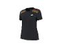 Schwarzes Kurzarm-Sport-T-Shirt mit roten, gelben und grauen Streifen auf den Schultern.