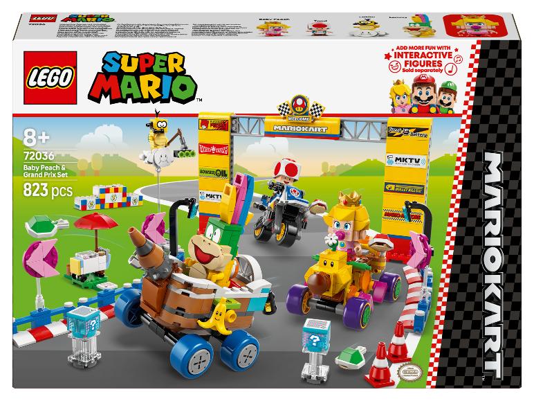 LEGO Super Mario Kart Set mit Baby Peach und Bowser Jr. in Rennwagen.