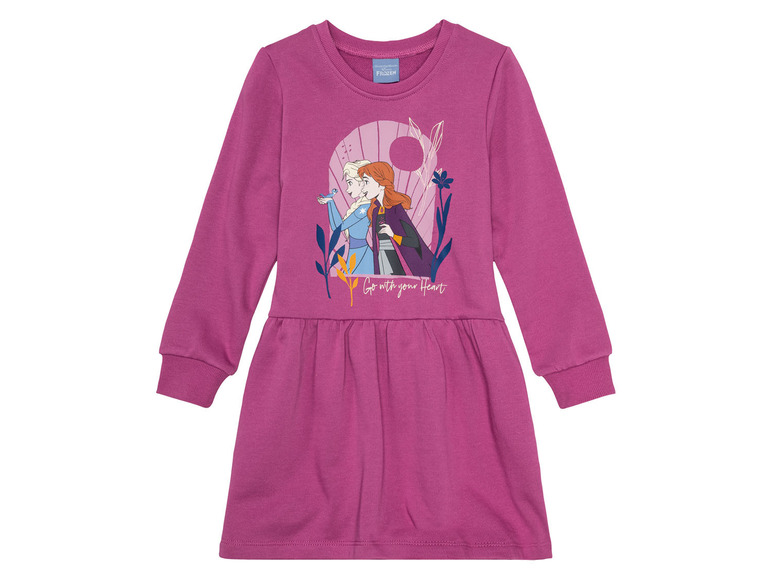 Ein rosafarbenes Kleid mit langen Ärmeln mit Elsa und Anna aus Frozen.