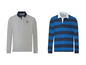 Zwei Langarm-Poloshirts, eines grau und eines blau gestreift mit der Marke Livergy.
