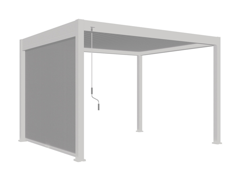 Ein weißer Metall-Pavillon mit einem Sonnenschutzsystem.